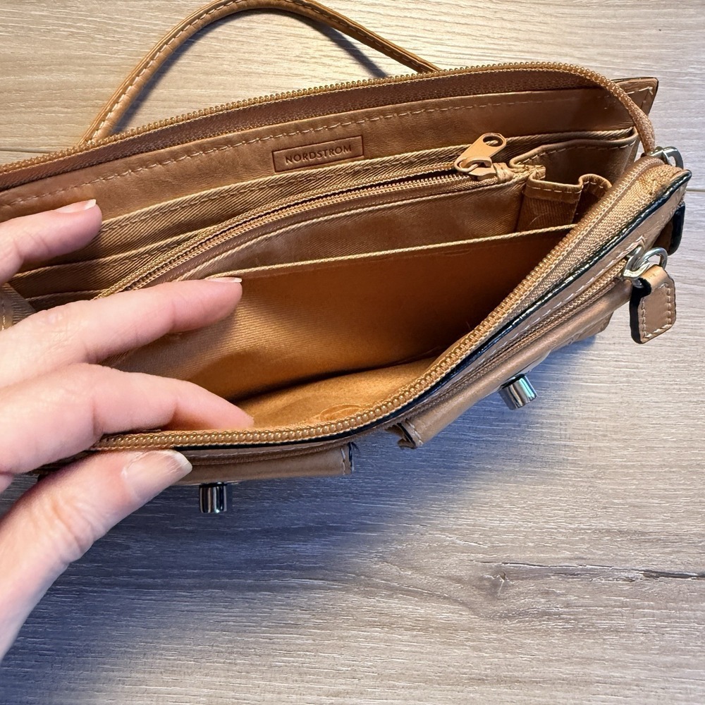 Nordstrom Tan Leather Zippered Clutch with Multiple Compartments and Strap - Picture 7 of 11